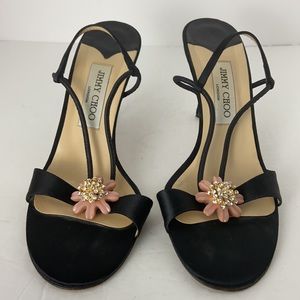 Jimmy Choo strap heels 3.5 inches sandals black with a flower size 8